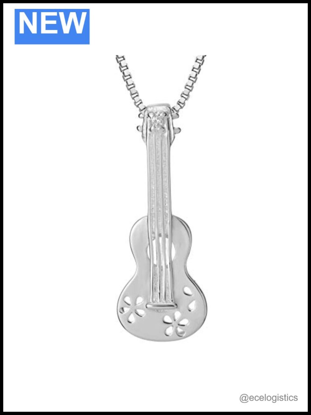 925 Sterling Silver Hawaiian Guitar Ukulele Necklace Pendant with 18" Box Chain
